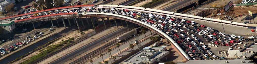 overhead view of extremely congested traffic on bridge
